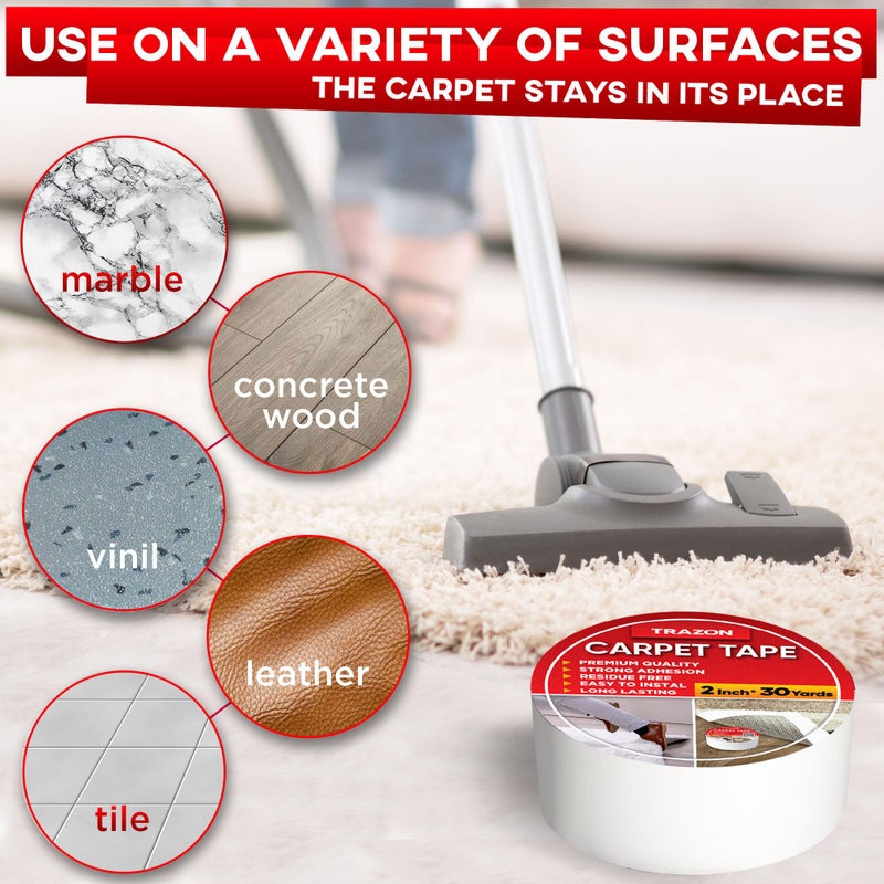 Trazon Carpet Tape Double Sided - Rug Tape Grippers for Hardwood Floors and Area Rugs - Carpet Binding Tape Strong Adhesive and Removable  Heavy Duty Stickers Tape  Residue Free (2 Inch / 30 Yards) - Image 5
